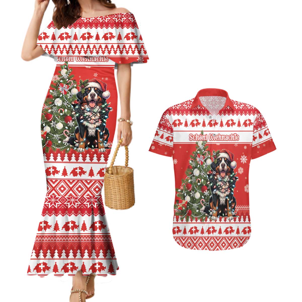 Personalized Merry Swissmas Couples Matching Mermaid Dress and Hawaiian Shirt Bernese Mountain Dog Christmas Pattern - Wonder Print Shop