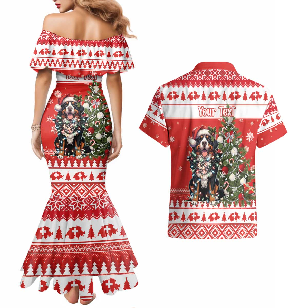 Personalized Merry Swissmas Couples Matching Mermaid Dress and Hawaiian Shirt Bernese Mountain Dog Christmas Pattern - Wonder Print Shop
