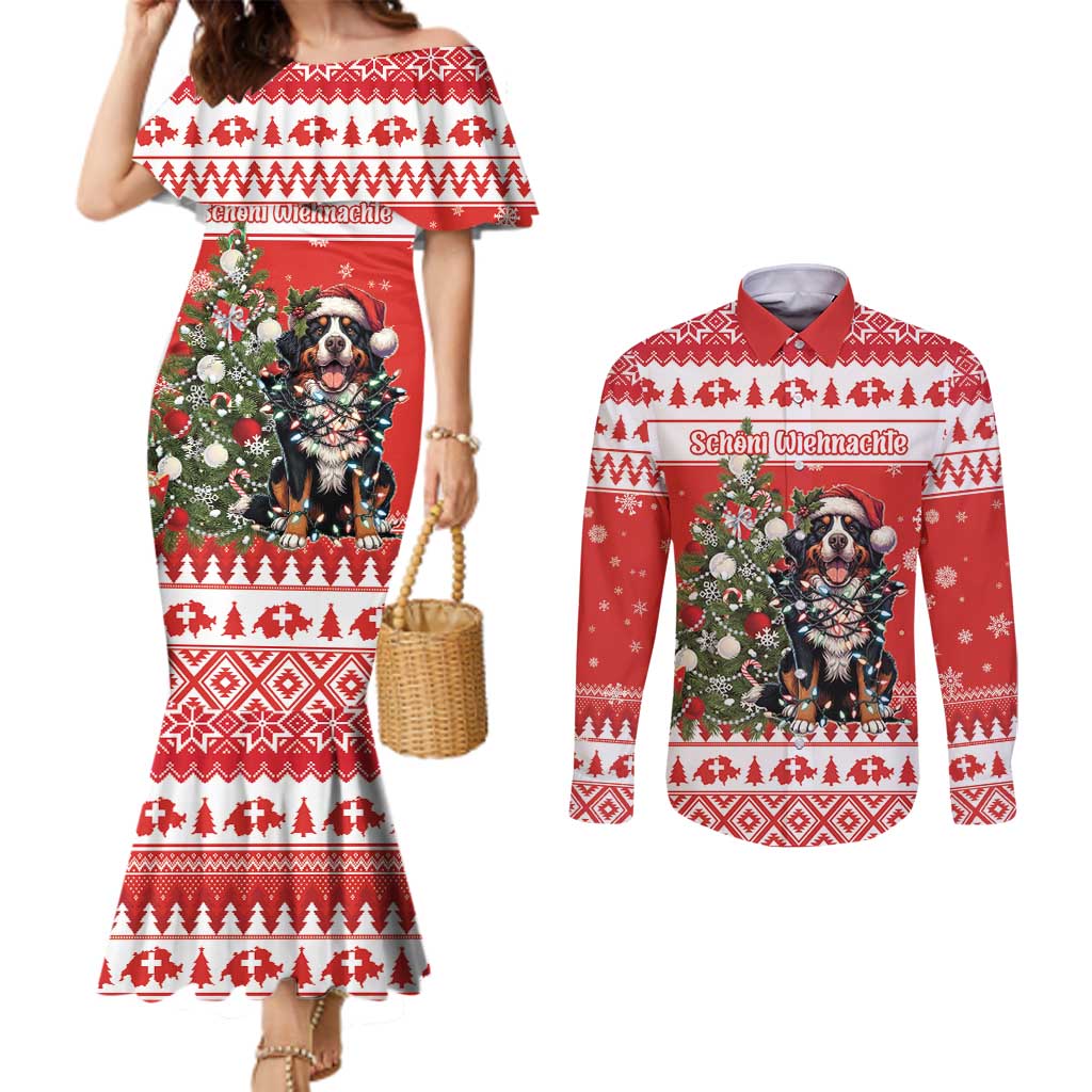 Personalized Merry Swissmas Couples Matching Mermaid Dress and Long Sleeve Button Shirt Bernese Mountain Dog Christmas Pattern - Wonder Print Shop