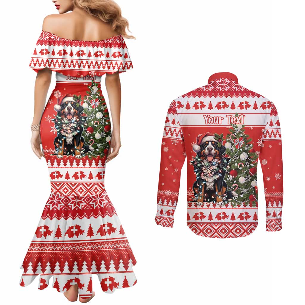 Personalized Merry Swissmas Couples Matching Mermaid Dress and Long Sleeve Button Shirt Bernese Mountain Dog Christmas Pattern - Wonder Print Shop