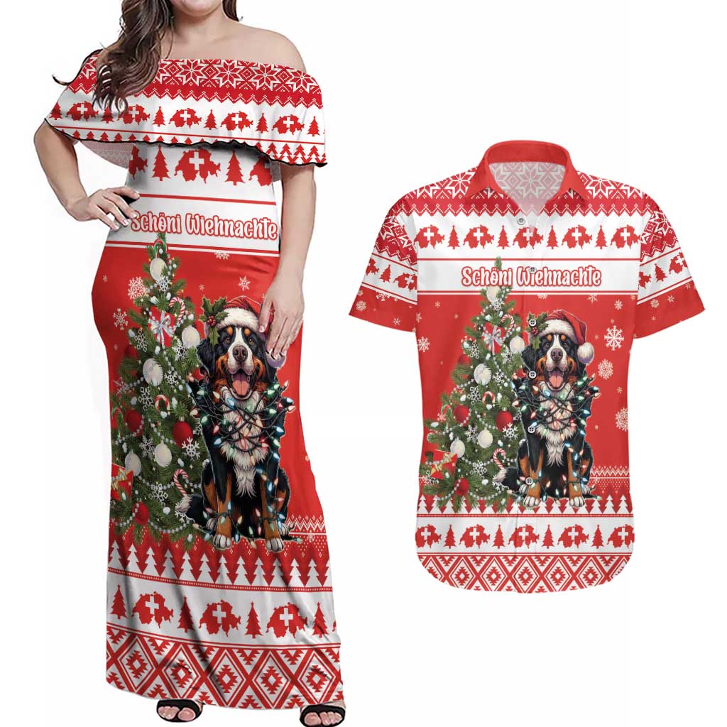 Personalized Merry Swissmas Couples Matching Off Shoulder Maxi Dress and Hawaiian Shirt Bernese Mountain Dog Christmas Pattern - Wonder Print Shop