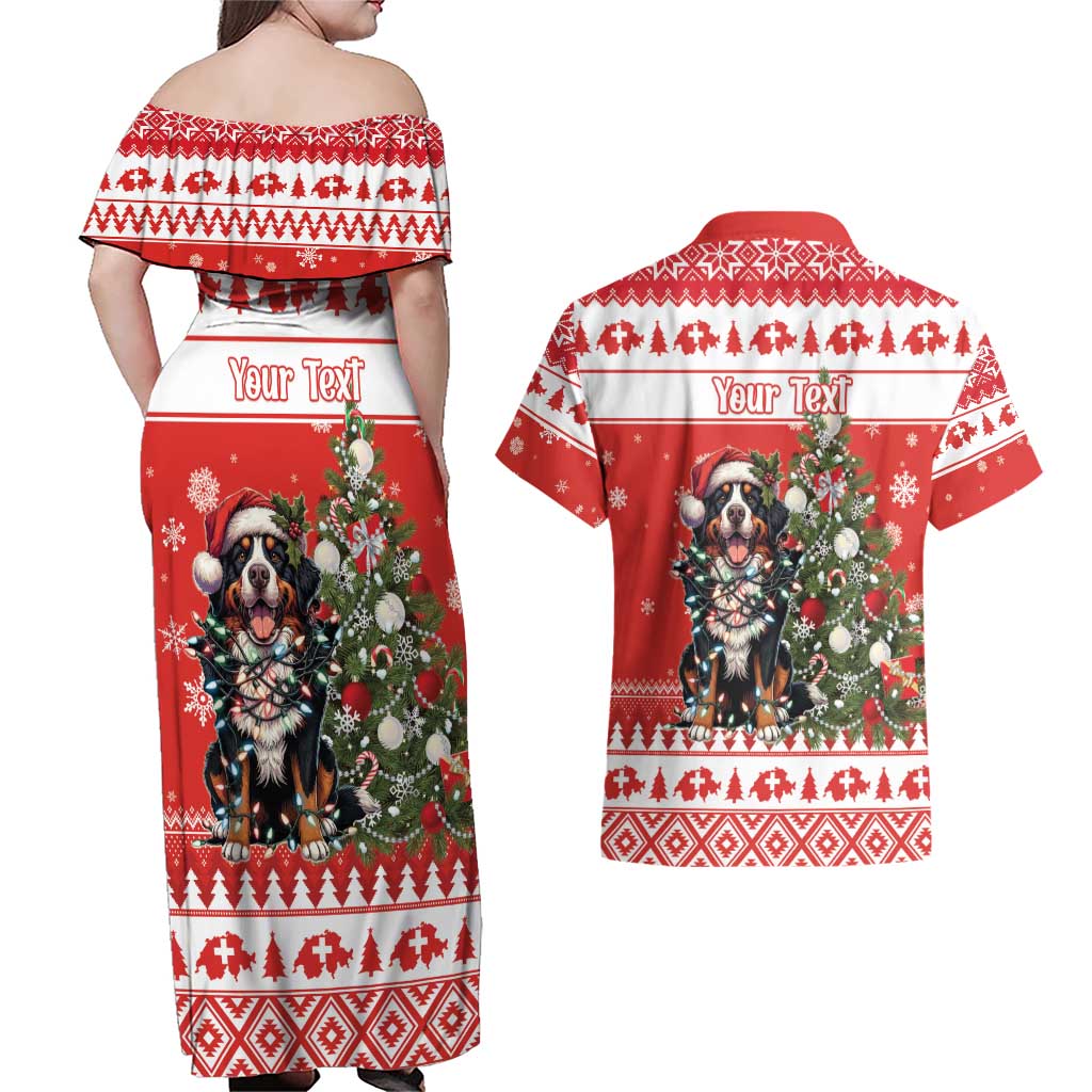 Personalized Merry Swissmas Couples Matching Off Shoulder Maxi Dress and Hawaiian Shirt Bernese Mountain Dog Christmas Pattern - Wonder Print Shop