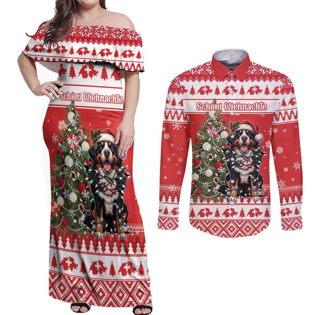 Personalized Merry Swissmas Couples Matching Off Shoulder Maxi Dress and Long Sleeve Button Shirt Bernese Mountain Dog Christmas Pattern - Wonder Print Shop