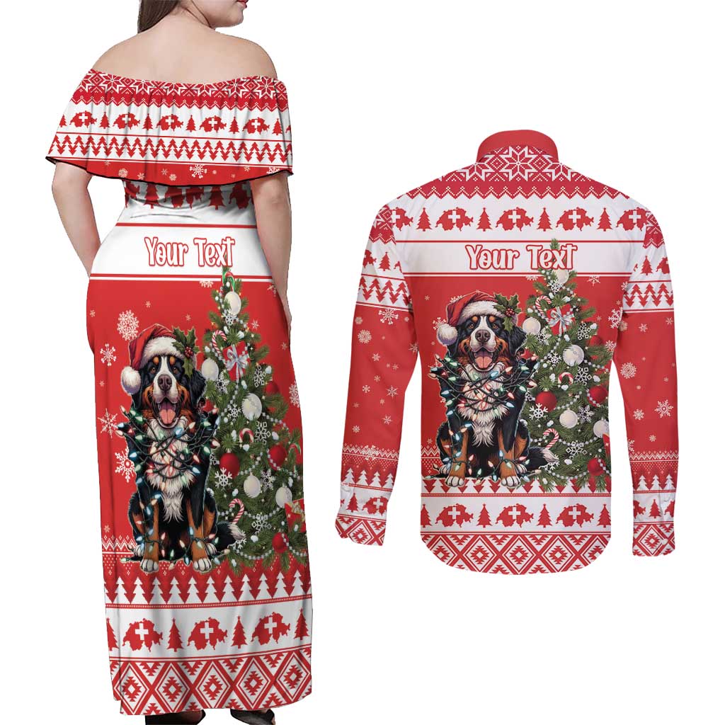 Personalized Merry Swissmas Couples Matching Off Shoulder Maxi Dress and Long Sleeve Button Shirt Bernese Mountain Dog Christmas Pattern - Wonder Print Shop