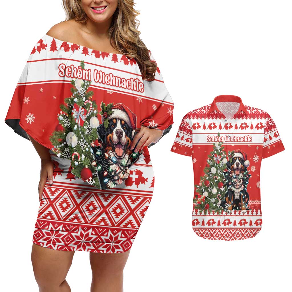 Personalized Merry Swissmas Couples Matching Off Shoulder Short Dress and Hawaiian Shirt Bernese Mountain Dog Christmas Pattern - Wonder Print Shop