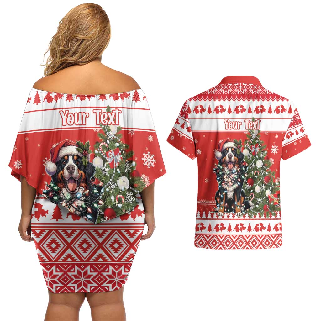 Personalized Merry Swissmas Couples Matching Off Shoulder Short Dress and Hawaiian Shirt Bernese Mountain Dog Christmas Pattern - Wonder Print Shop