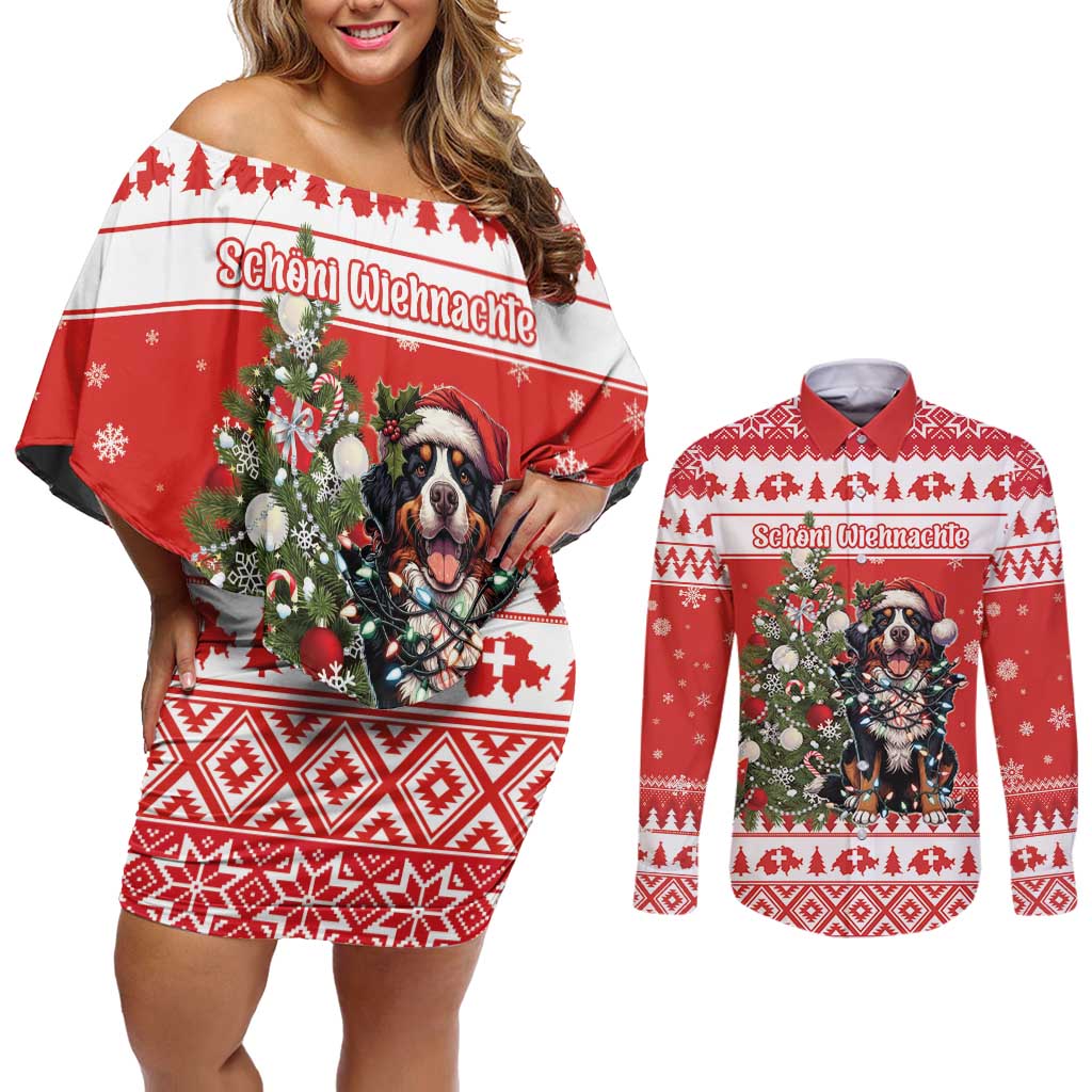 Personalized Merry Swissmas Couples Matching Off Shoulder Short Dress and Long Sleeve Button Shirt Bernese Mountain Dog Christmas Pattern - Wonder Print Shop