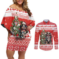 Personalized Merry Swissmas Couples Matching Off Shoulder Short Dress and Long Sleeve Button Shirt Bernese Mountain Dog Christmas Pattern - Wonder Print Shop