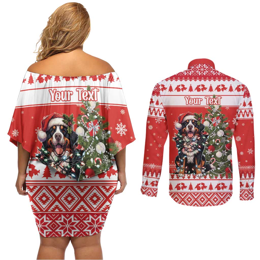 Personalized Merry Swissmas Couples Matching Off Shoulder Short Dress and Long Sleeve Button Shirt Bernese Mountain Dog Christmas Pattern - Wonder Print Shop