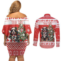Personalized Merry Swissmas Couples Matching Off Shoulder Short Dress and Long Sleeve Button Shirt Bernese Mountain Dog Christmas Pattern - Wonder Print Shop