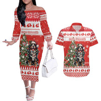 Personalized Merry Swissmas Couples Matching Off The Shoulder Long Sleeve Dress and Hawaiian Shirt Bernese Mountain Dog Christmas Pattern - Wonder Print Shop