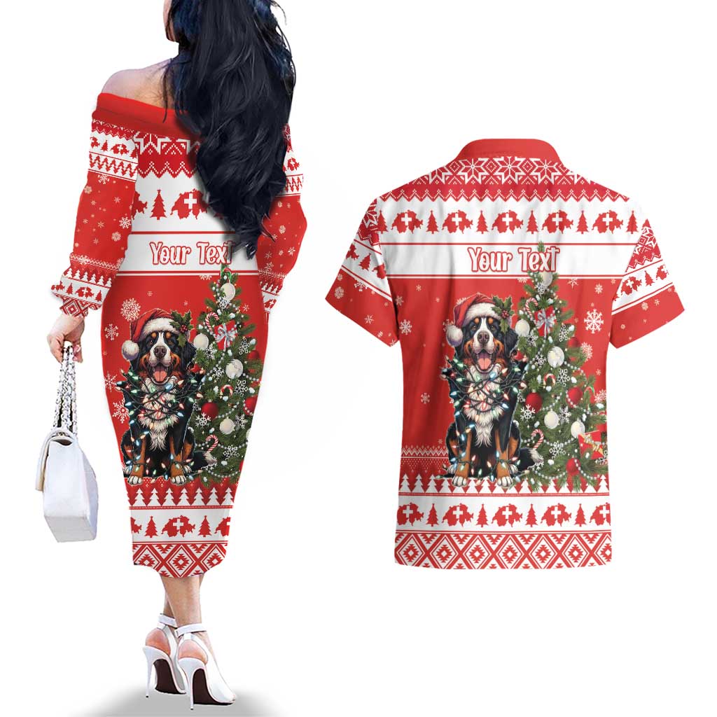Personalized Merry Swissmas Couples Matching Off The Shoulder Long Sleeve Dress and Hawaiian Shirt Bernese Mountain Dog Christmas Pattern - Wonder Print Shop