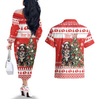 Personalized Merry Swissmas Couples Matching Off The Shoulder Long Sleeve Dress and Hawaiian Shirt Bernese Mountain Dog Christmas Pattern - Wonder Print Shop