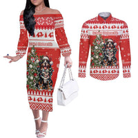 Personalized Merry Swissmas Couples Matching Off The Shoulder Long Sleeve Dress and Long Sleeve Button Shirt Bernese Mountain Dog Christmas Pattern - Wonder Print Shop
