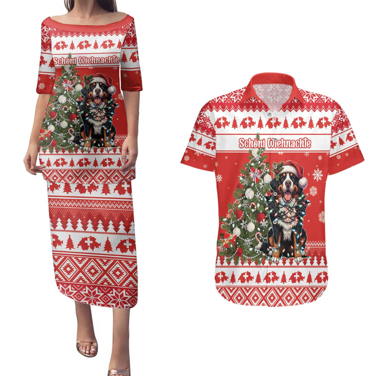 Personalized Merry Swissmas Couples Matching Puletasi and Hawaiian Shirt Bernese Mountain Dog Christmas Pattern - Wonder Print Shop