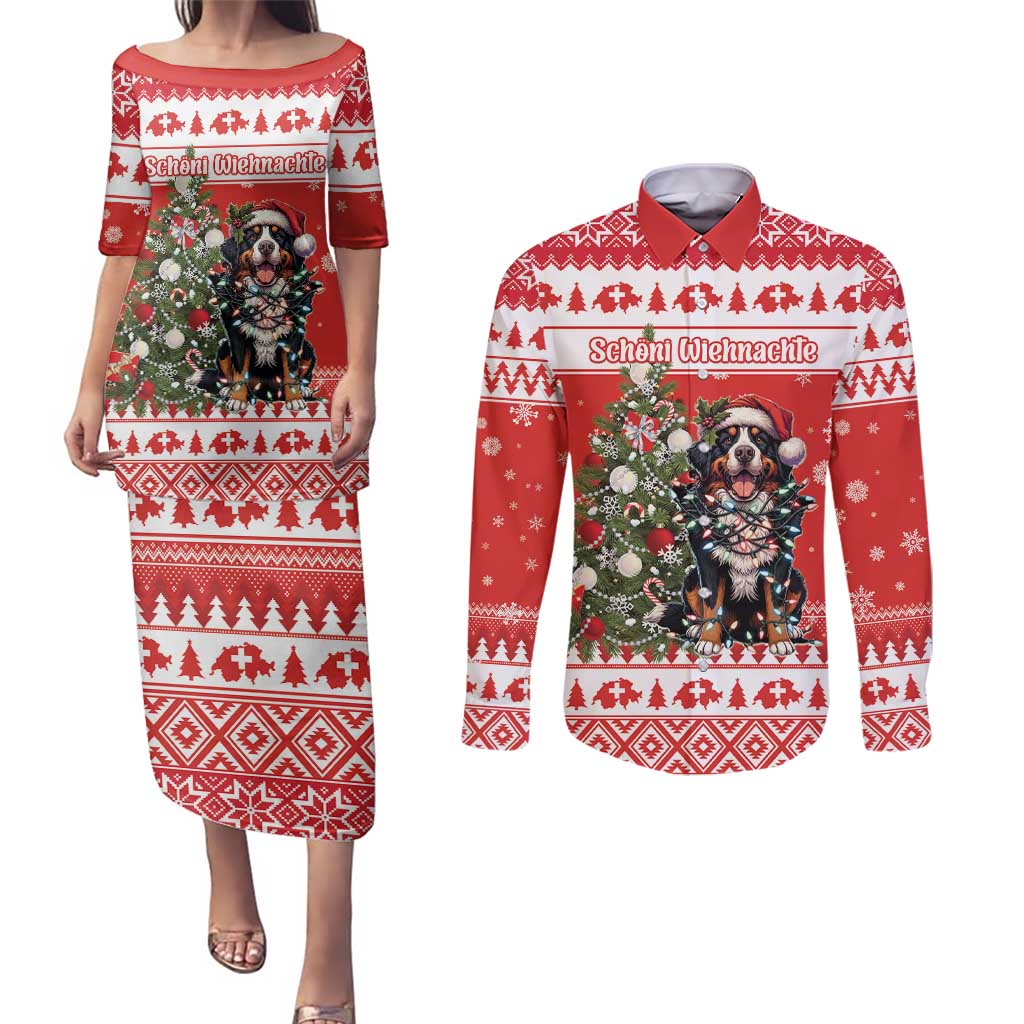 Personalized Merry Swissmas Couples Matching Puletasi and Long Sleeve Button Shirt Bernese Mountain Dog Christmas Pattern - Wonder Print Shop