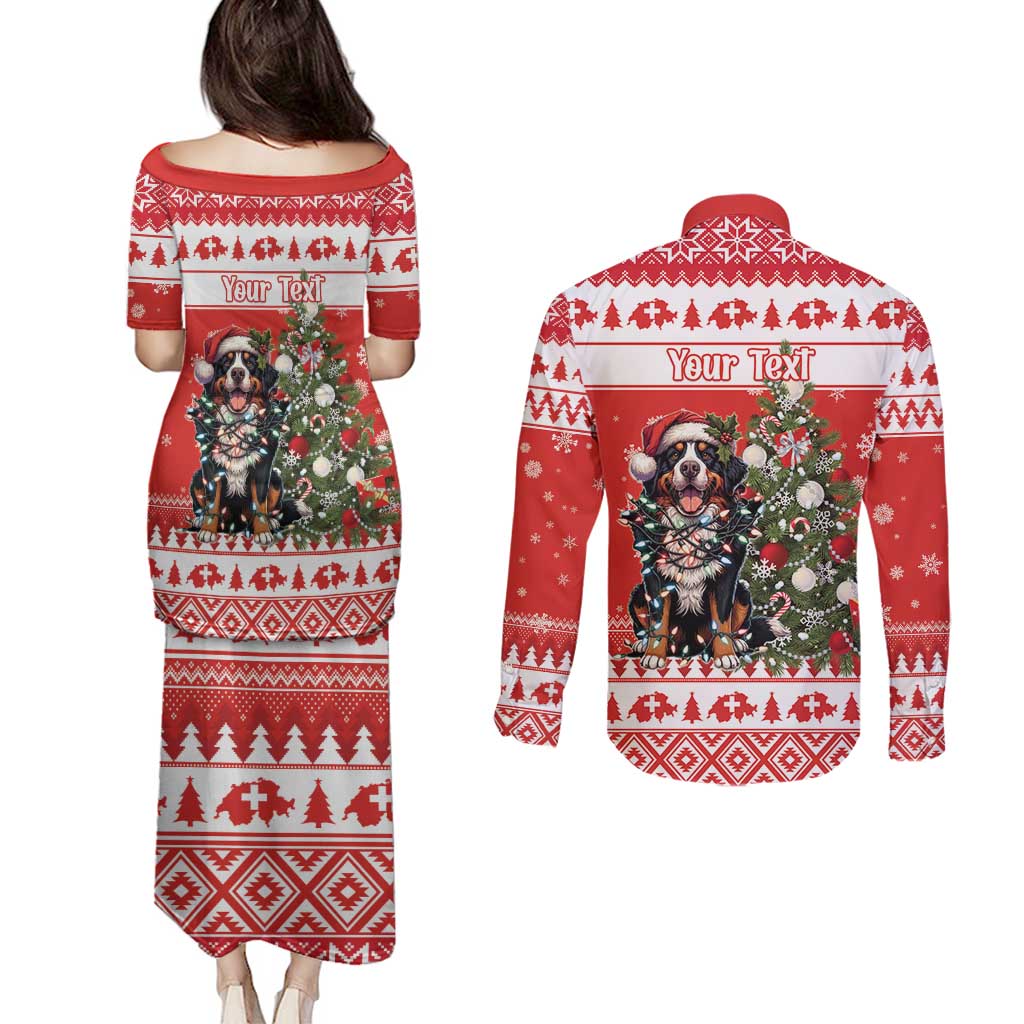 Personalized Merry Swissmas Couples Matching Puletasi and Long Sleeve Button Shirt Bernese Mountain Dog Christmas Pattern - Wonder Print Shop