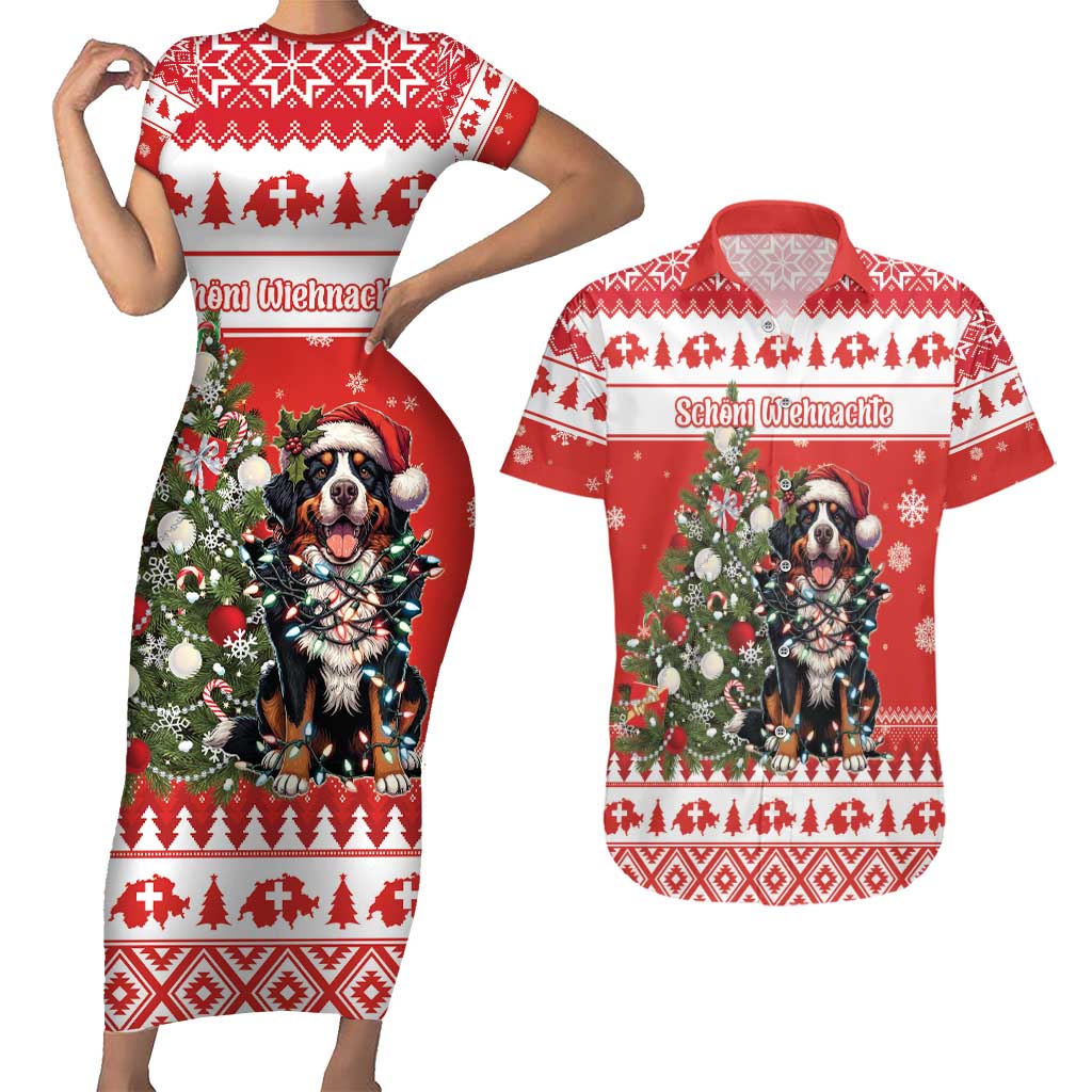 Personalized Merry Swissmas Couples Matching Short Sleeve Bodycon Dress and Hawaiian Shirt Bernese Mountain Dog Christmas Pattern - Wonder Print Shop