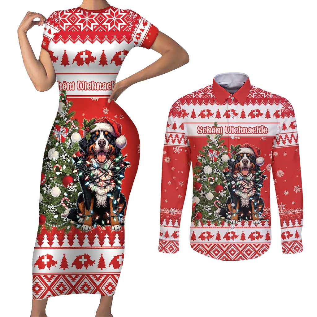 Personalized Merry Swissmas Couples Matching Short Sleeve Bodycon Dress and Long Sleeve Button Shirt Bernese Mountain Dog Christmas Pattern - Wonder Print Shop