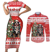 Personalized Merry Swissmas Couples Matching Short Sleeve Bodycon Dress and Long Sleeve Button Shirt Bernese Mountain Dog Christmas Pattern - Wonder Print Shop