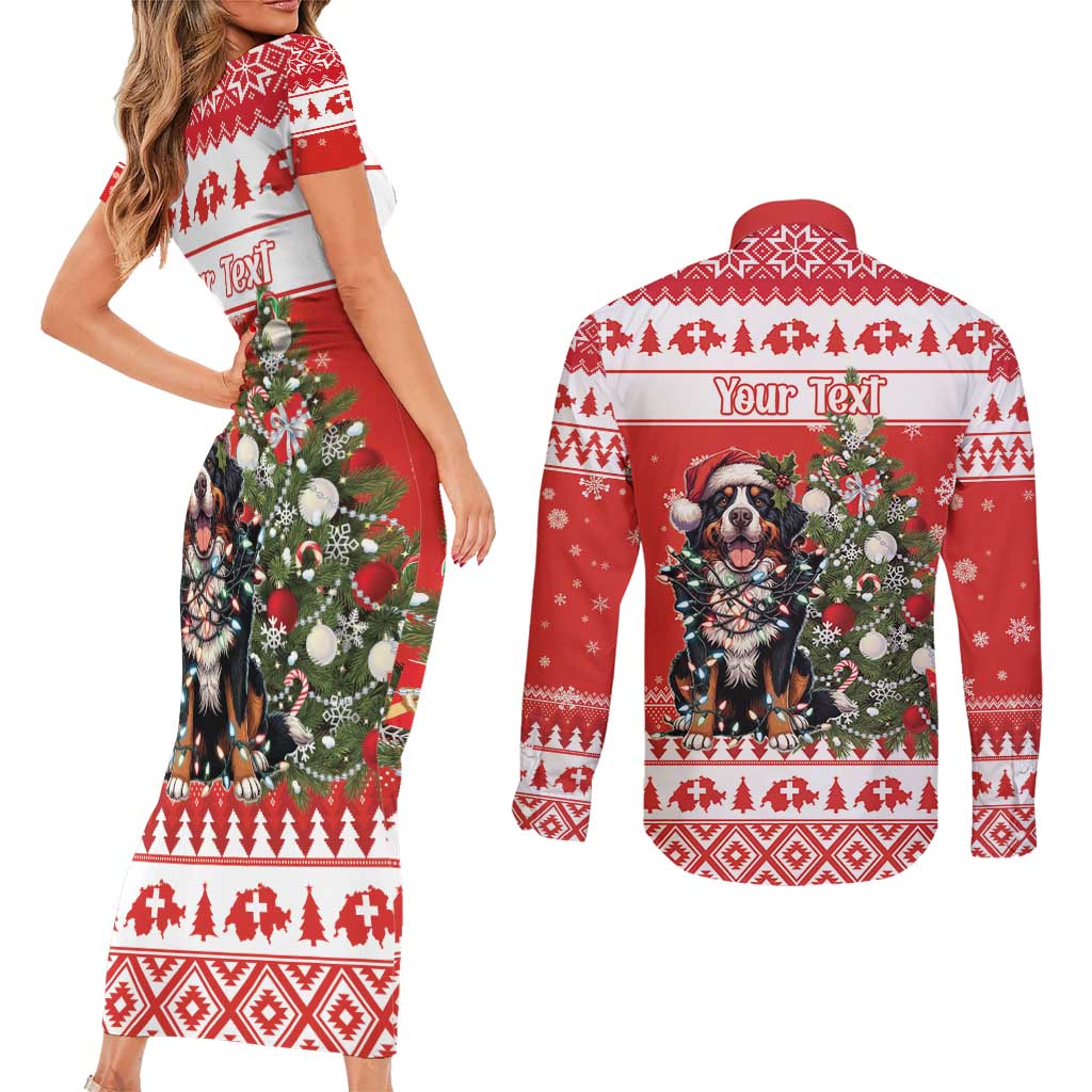 Personalized Merry Swissmas Couples Matching Short Sleeve Bodycon Dress and Long Sleeve Button Shirt Bernese Mountain Dog Christmas Pattern - Wonder Print Shop