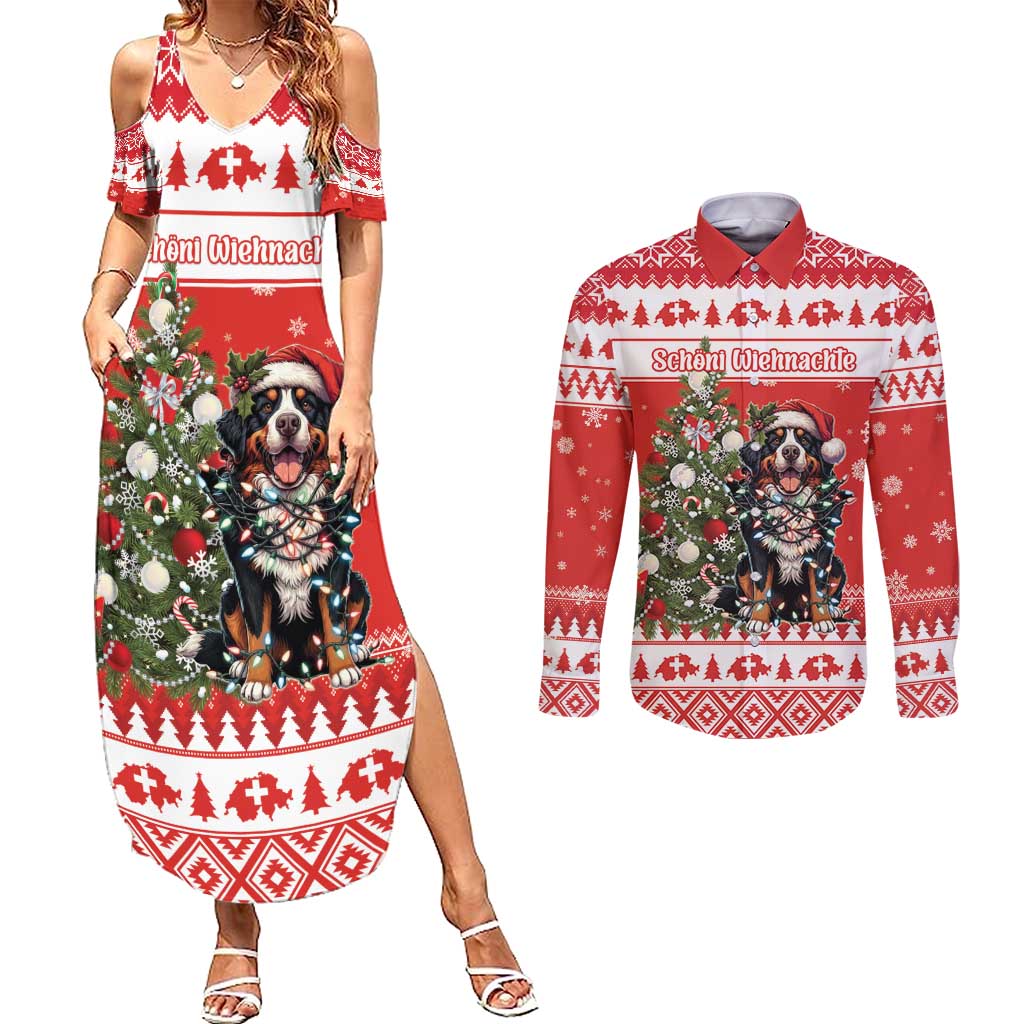 Personalized Merry Swissmas Couples Matching Summer Maxi Dress and Long Sleeve Button Shirt Bernese Mountain Dog Christmas Pattern - Wonder Print Shop