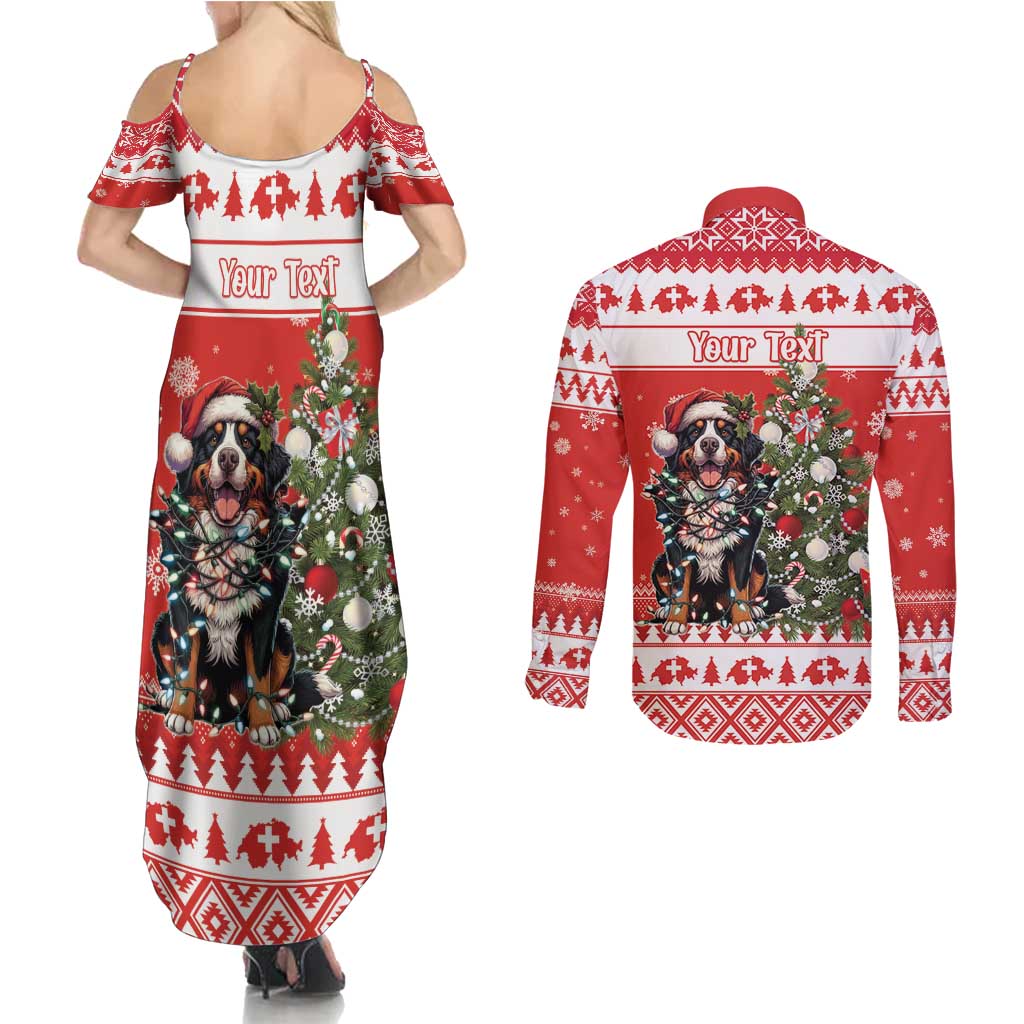 Personalized Merry Swissmas Couples Matching Summer Maxi Dress and Long Sleeve Button Shirt Bernese Mountain Dog Christmas Pattern - Wonder Print Shop