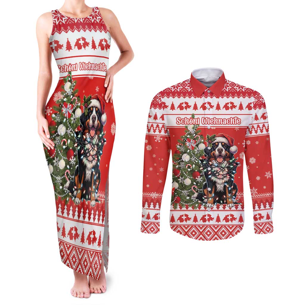 Personalized Merry Swissmas Couples Matching Tank Maxi Dress and Long Sleeve Button Shirt Bernese Mountain Dog Christmas Pattern - Wonder Print Shop