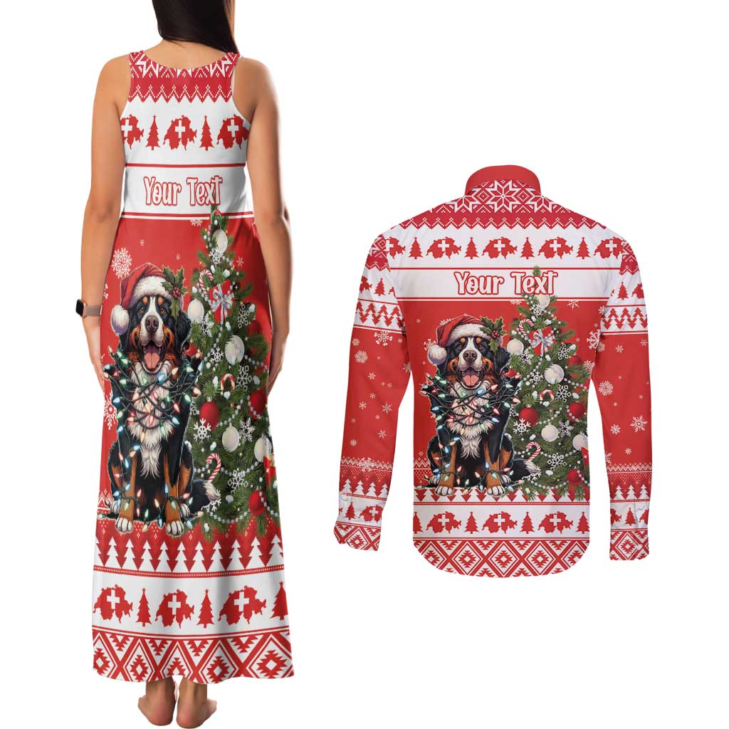 Personalized Merry Swissmas Couples Matching Tank Maxi Dress and Long Sleeve Button Shirt Bernese Mountain Dog Christmas Pattern - Wonder Print Shop
