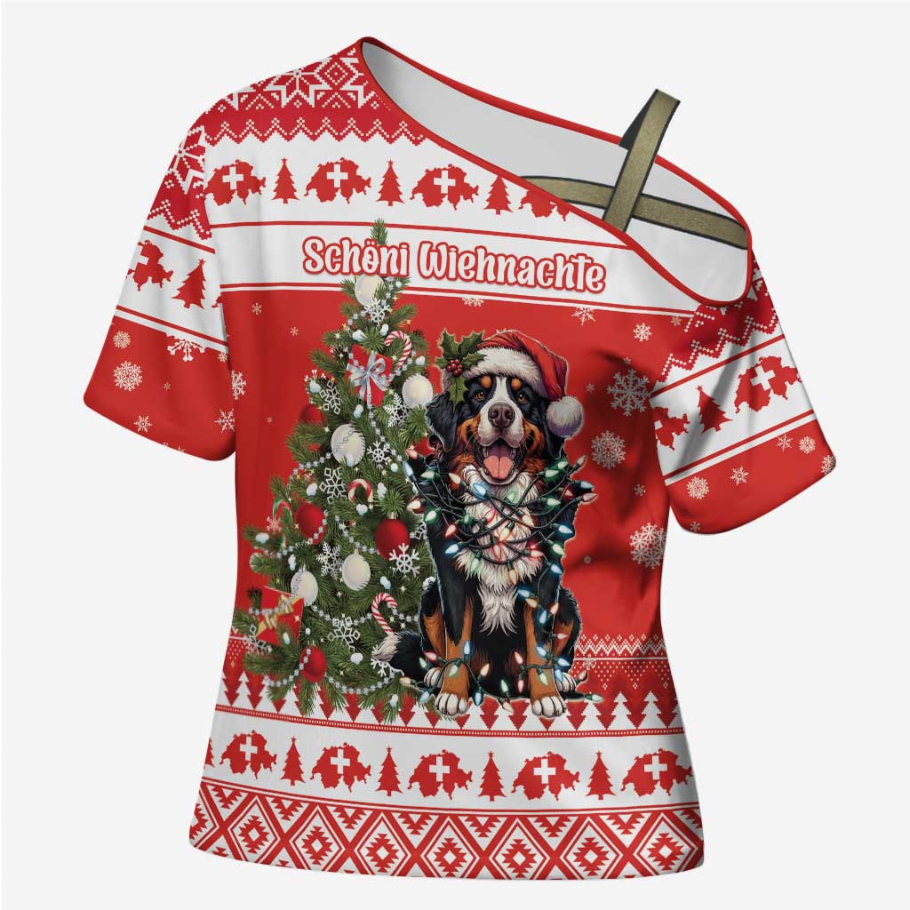 Personalized Merry Swissmas Cross Shoulder Shirt Bernese Mountain Dog Christmas Pattern - Wonder Print Shop