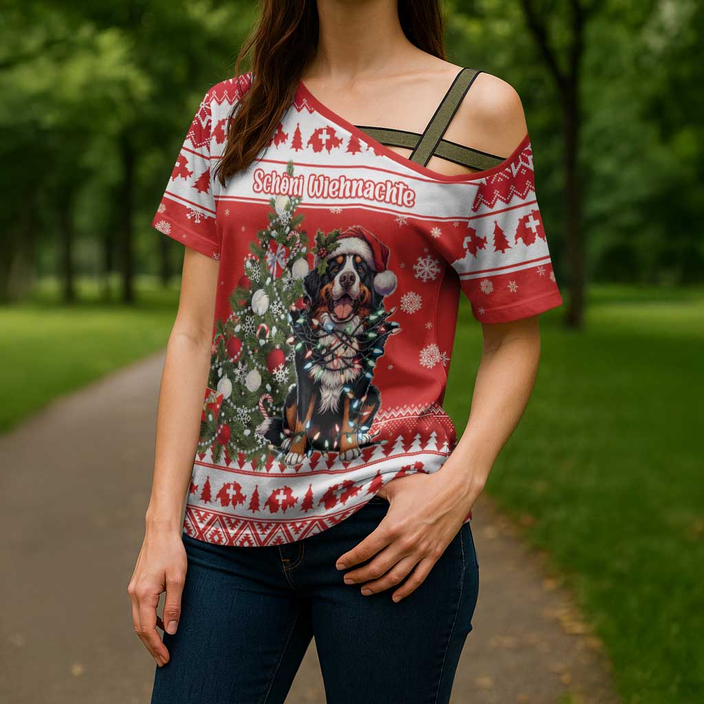 Personalized Merry Swissmas Cross Shoulder Shirt Bernese Mountain Dog Christmas Pattern - Wonder Print Shop