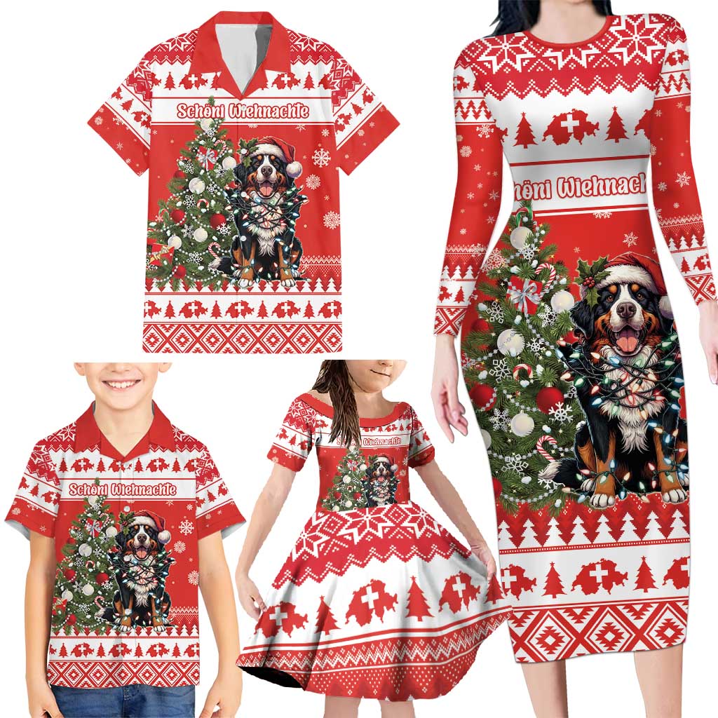 Personalized Merry Swissmas Family Matching Long Sleeve Bodycon Dress and Hawaiian Shirt Bernese Mountain Dog Christmas Pattern - Wonder Print Shop