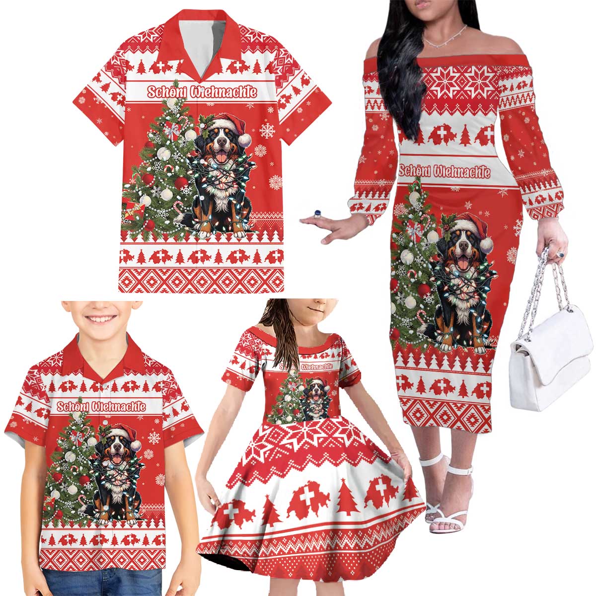 Personalized Merry Swissmas Family Matching Off The Shoulder Long Sleeve Dress and Hawaiian Shirt Bernese Mountain Dog Christmas Pattern - Wonder Print Shop