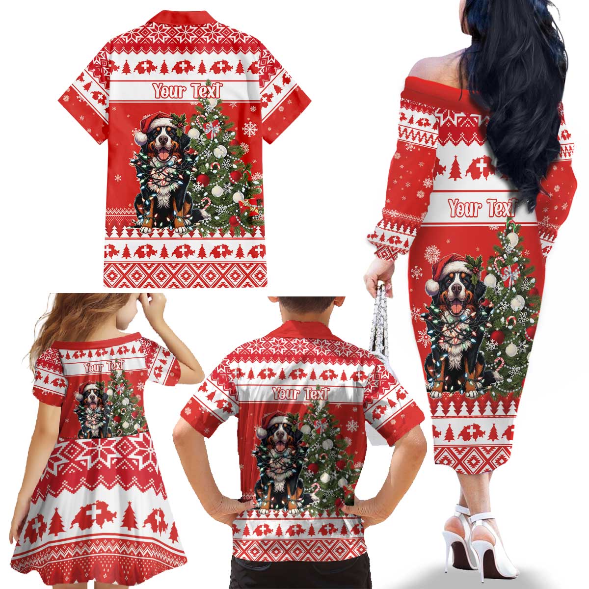 Personalized Merry Swissmas Family Matching Off The Shoulder Long Sleeve Dress and Hawaiian Shirt Bernese Mountain Dog Christmas Pattern - Wonder Print Shop