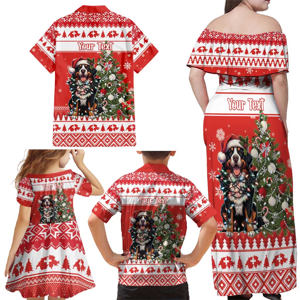 Personalized Merry Swissmas Family Matching Off Shoulder Maxi Dress and Hawaiian Shirt Bernese Mountain Dog Christmas Pattern - Wonder Print Shop