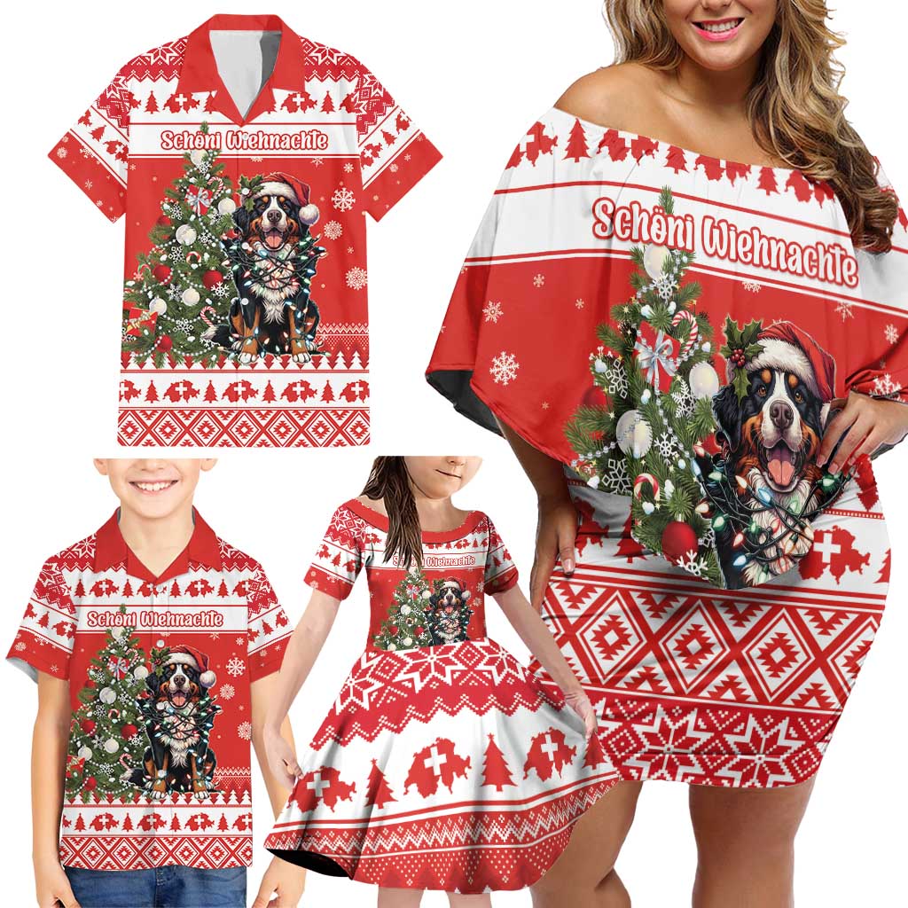 Personalized Merry Swissmas Family Matching Off Shoulder Short Dress and Hawaiian Shirt Bernese Mountain Dog Christmas Pattern - Wonder Print Shop
