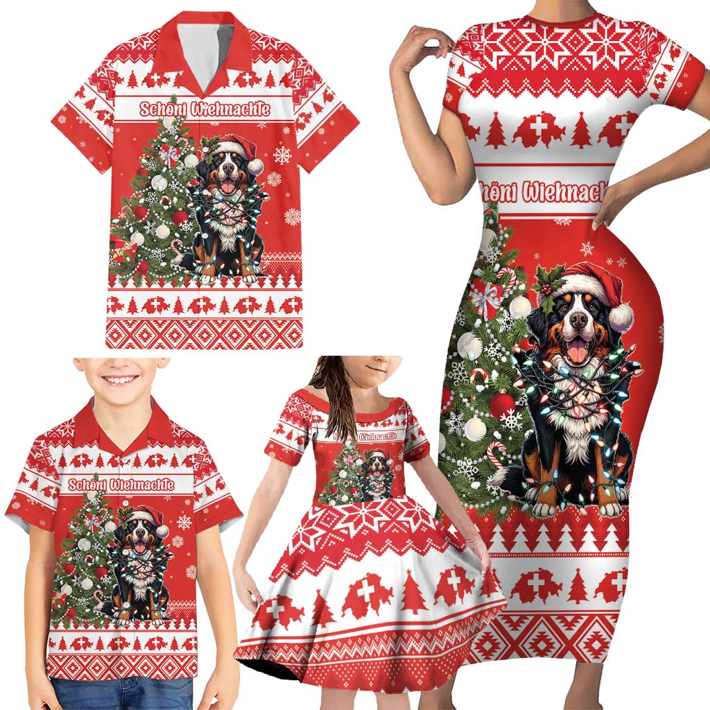 Personalized Merry Swissmas Family Matching Short Sleeve Bodycon Dress and Hawaiian Shirt Bernese Mountain Dog Christmas Pattern - Wonder Print Shop