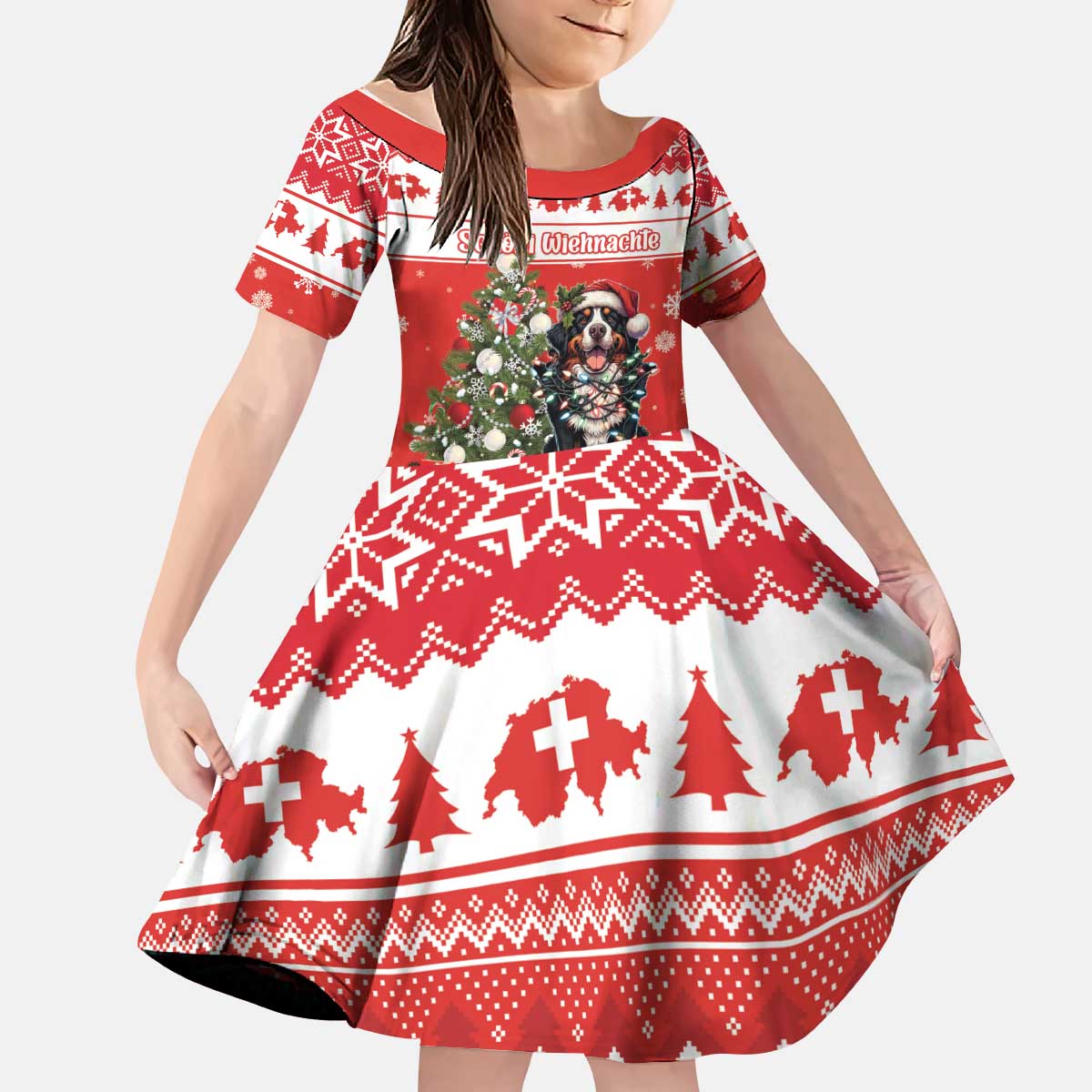Personalized Merry Swissmas Kid Short Sleeve Dress Bernese Mountain Dog Christmas Pattern - Wonder Print Shop
