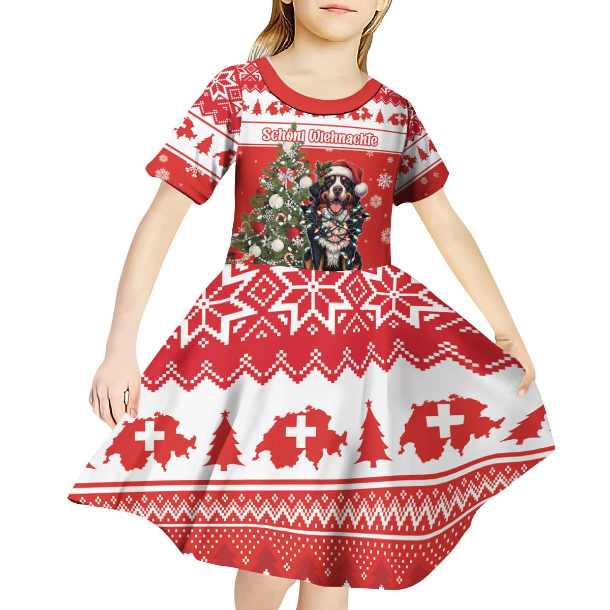 Personalized Merry Swissmas Kid Short Sleeve Dress Bernese Mountain Dog Christmas Pattern - Wonder Print Shop