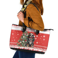 Personalized Merry Swissmas Leather Tote Bag Bernese Mountain Dog Christmas Pattern - Wonder Print Shop