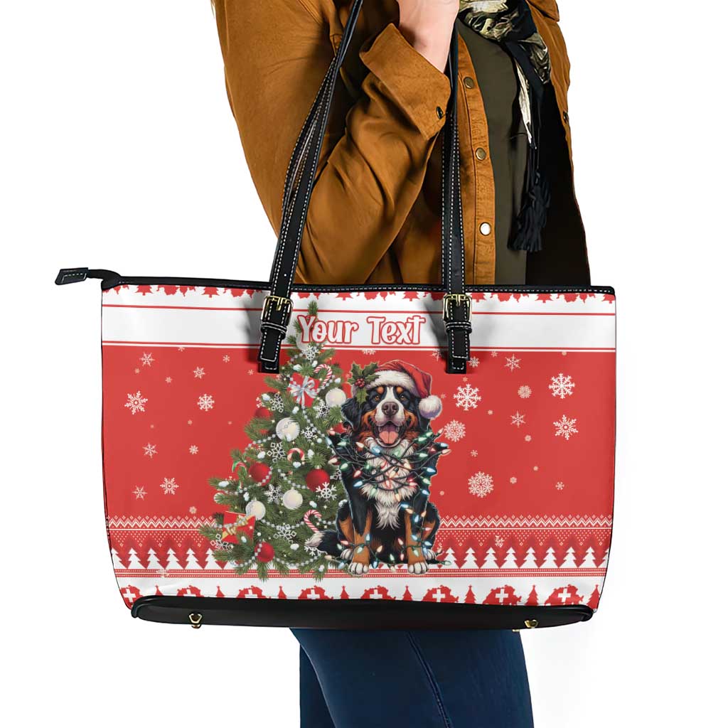 Personalized Merry Swissmas Leather Tote Bag Bernese Mountain Dog Christmas Pattern - Wonder Print Shop