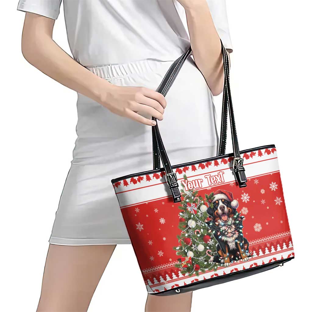 Personalized Merry Swissmas Leather Tote Bag Bernese Mountain Dog Christmas Pattern - Wonder Print Shop