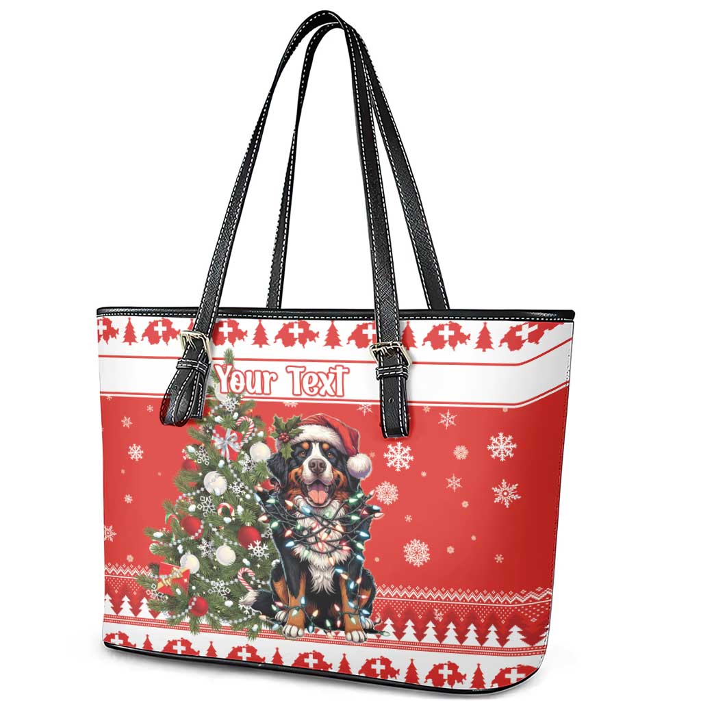 Personalized Merry Swissmas Leather Tote Bag Bernese Mountain Dog Christmas Pattern - Wonder Print Shop