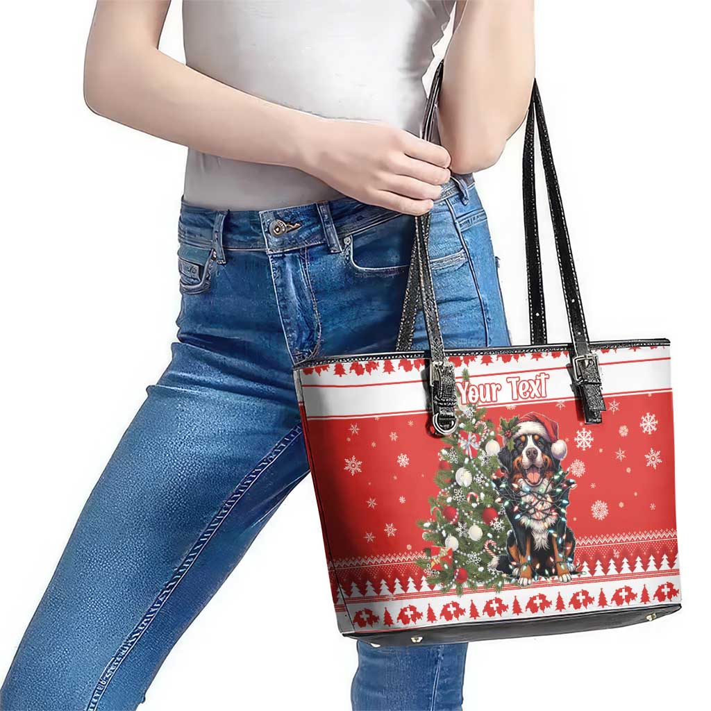 Personalized Merry Swissmas Leather Tote Bag Bernese Mountain Dog Christmas Pattern - Wonder Print Shop