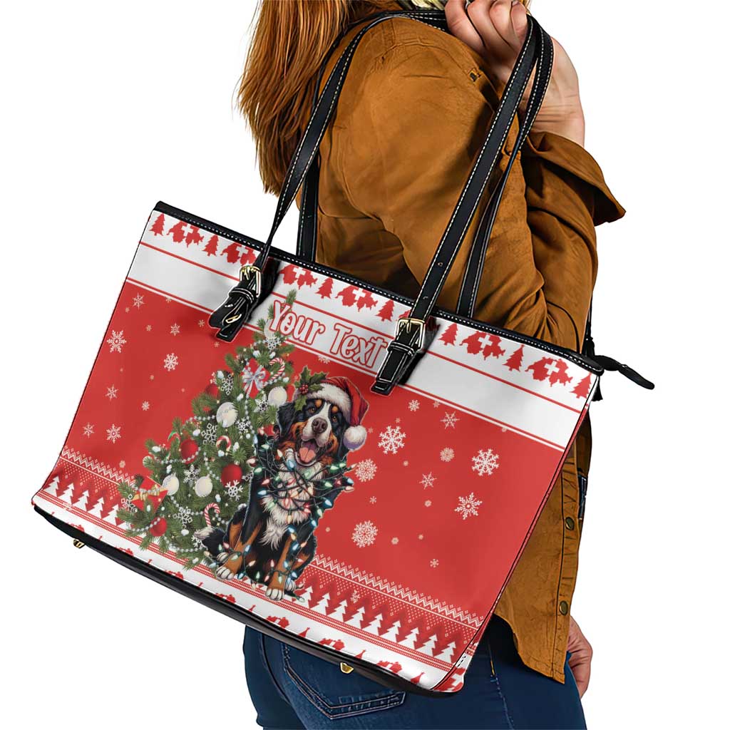Personalized Merry Swissmas Leather Tote Bag Bernese Mountain Dog Christmas Pattern - Wonder Print Shop