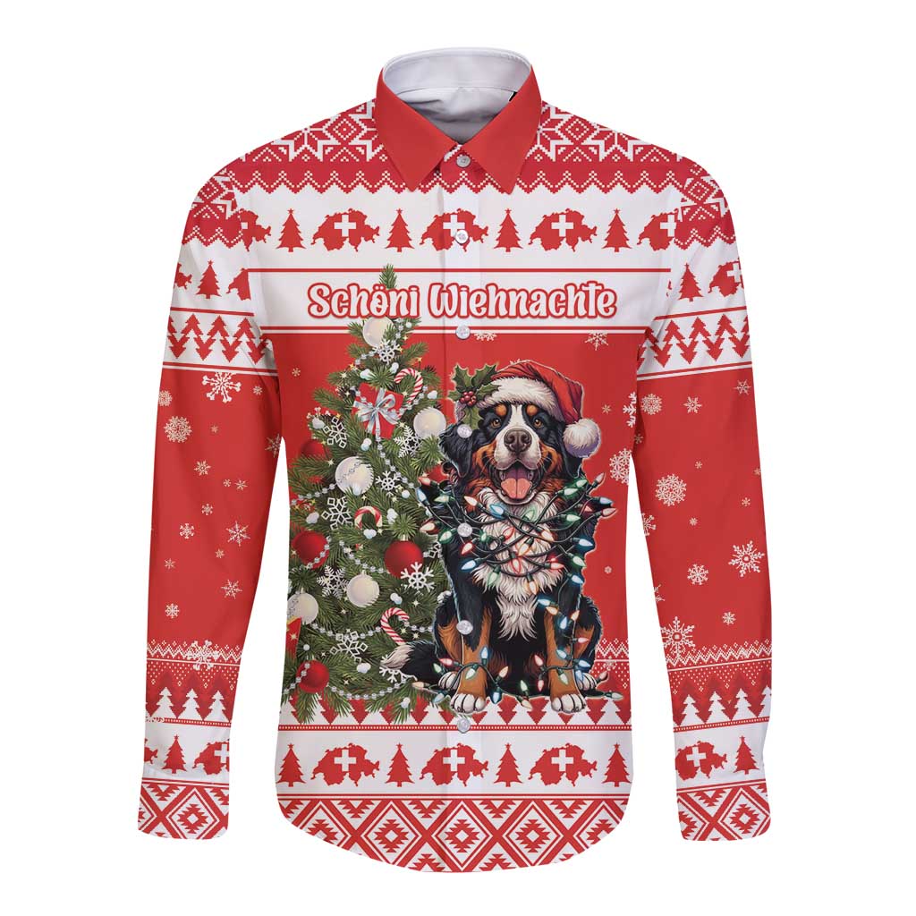 Personalized Merry Swissmas Long Sleeve Button Shirt Bernese Mountain Dog Christmas Pattern - Wonder Print Shop