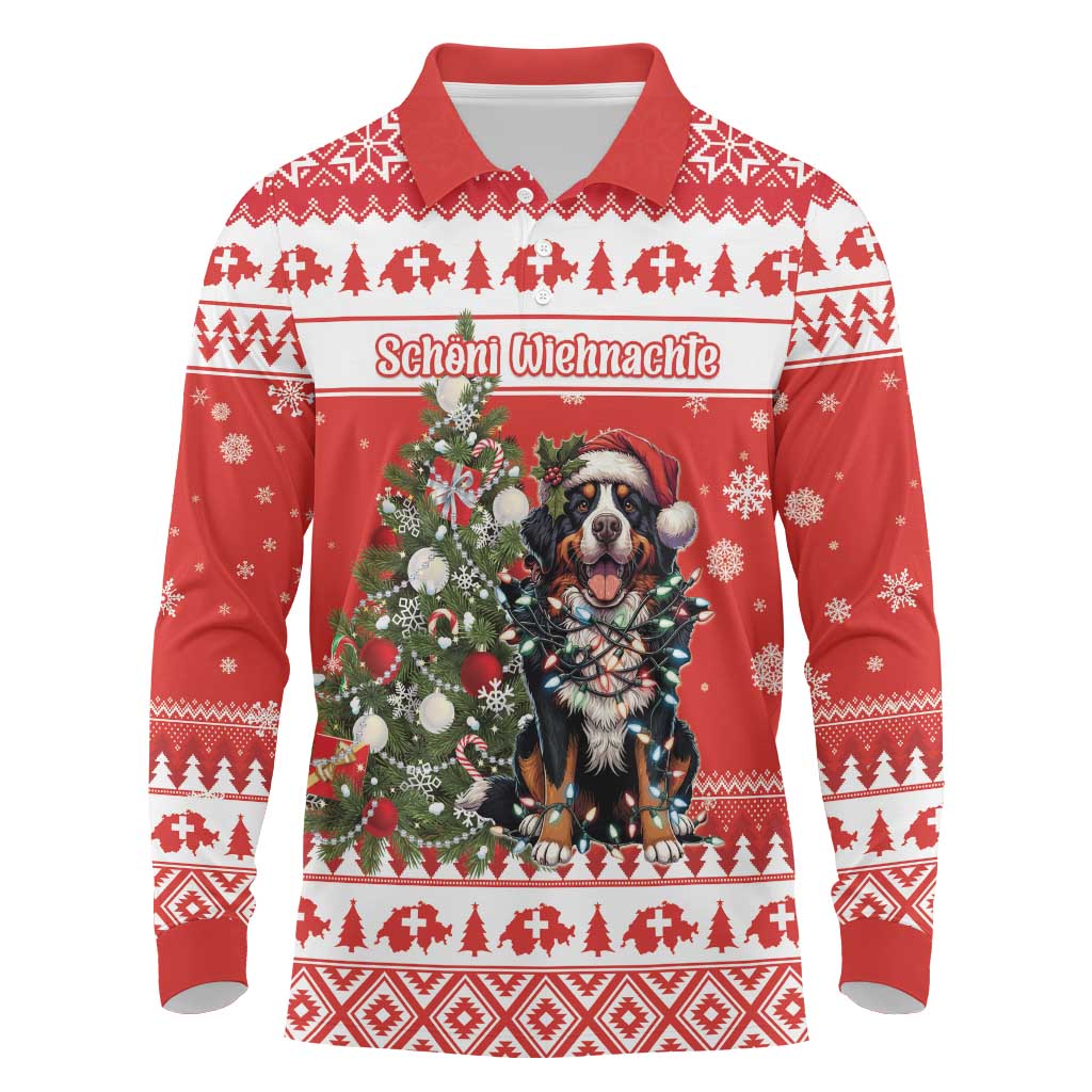 Personalized Merry Swissmas Long Sleeve Polo Shirt Bernese Mountain Dog Christmas Pattern - Wonder Print Shop