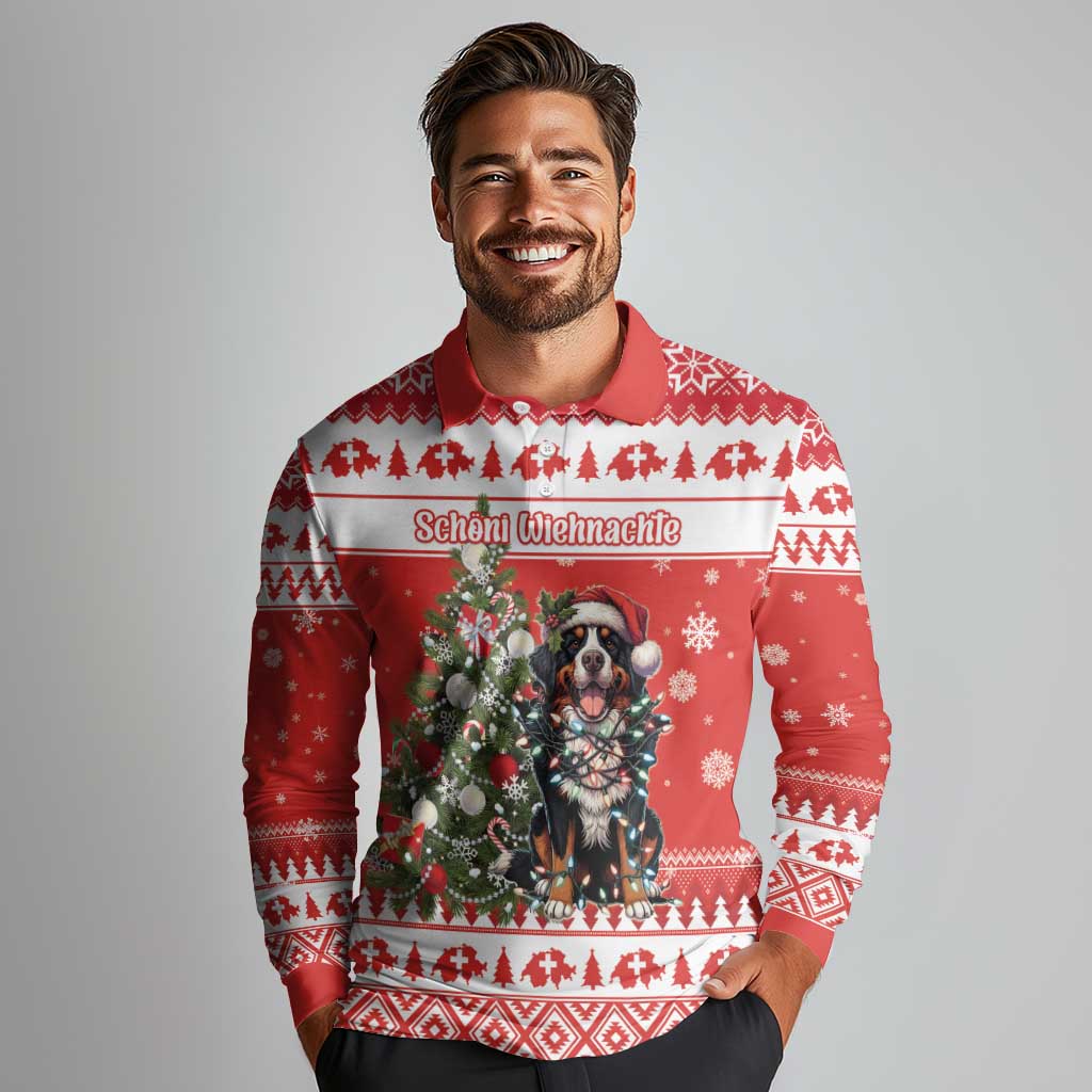 Personalized Merry Swissmas Long Sleeve Polo Shirt Bernese Mountain Dog Christmas Pattern - Wonder Print Shop