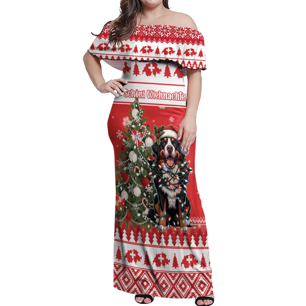 Personalized Merry Swissmas Off Shoulder Maxi Dress Bernese Mountain Dog Christmas Pattern - Wonder Print Shop