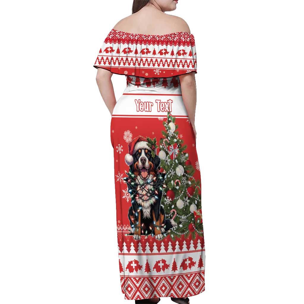 Personalized Merry Swissmas Off Shoulder Maxi Dress Bernese Mountain Dog Christmas Pattern - Wonder Print Shop